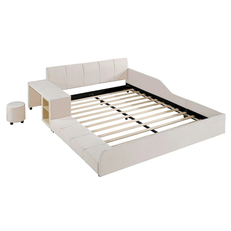 Upholstered Grounded Bed Mother & Child Bed with Bedside Desk and Little Round Stool