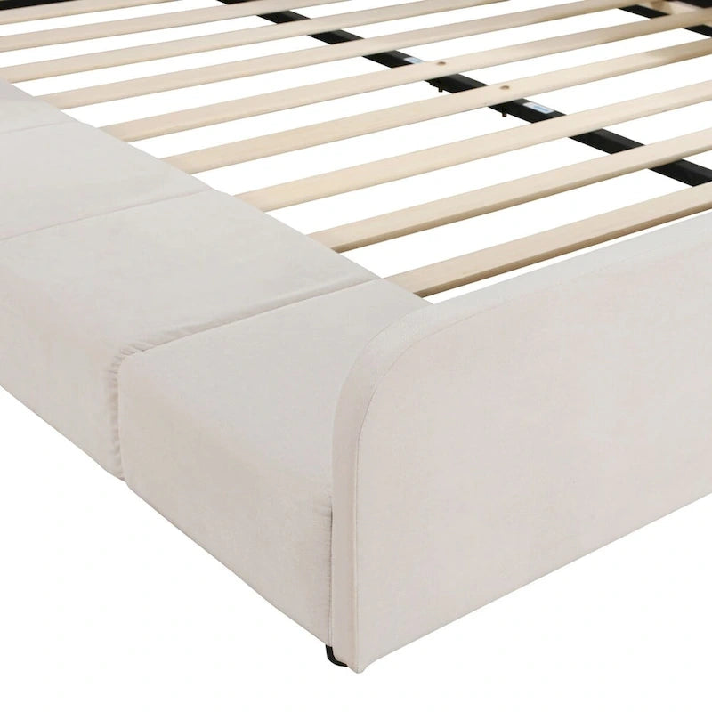 Upholstered Grounded Bed Mother & Child Bed with Bedside Desk and Little Round Stool