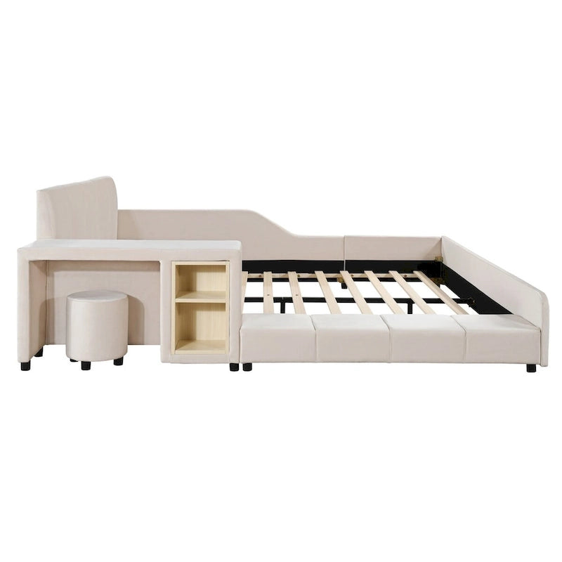Upholstered Grounded Bed Mother & Child Bed with Bedside Desk and Little Round Stool