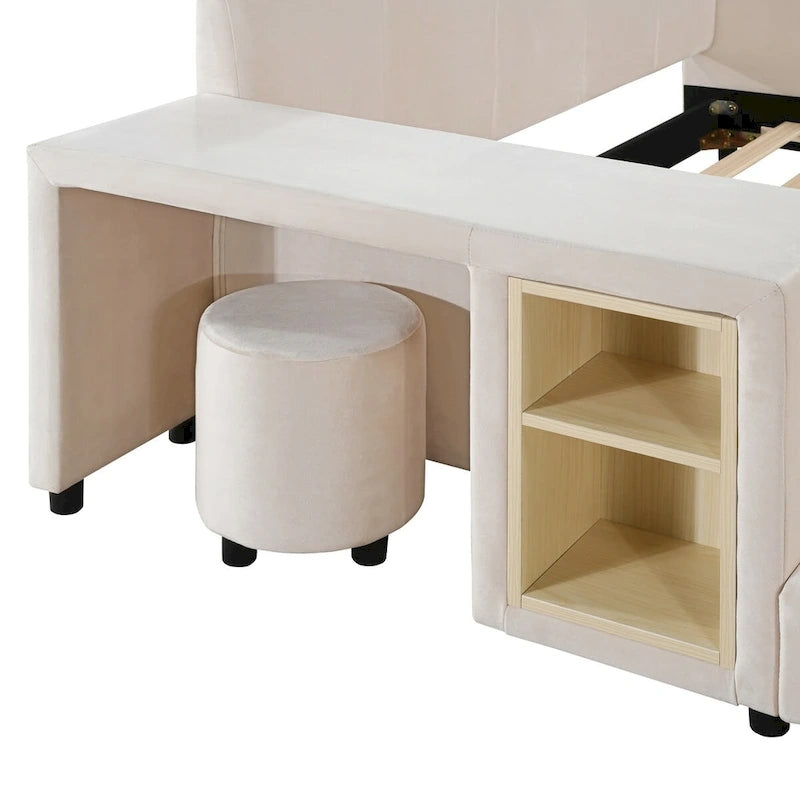 Upholstered Grounded Bed Mother & Child Bed with Bedside Desk and Little Round Stool