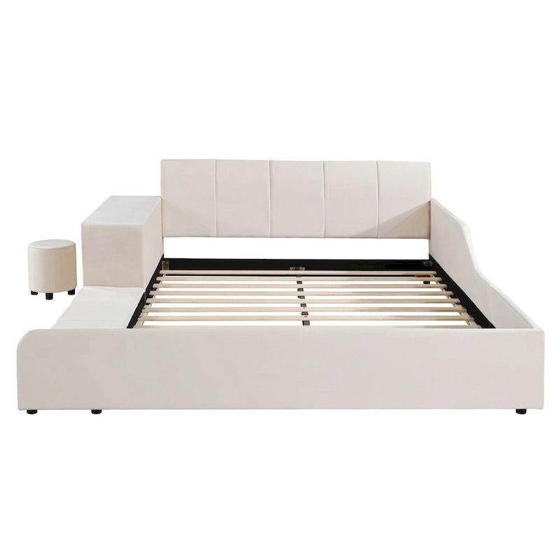 Upholstered Grounded Bed Mother & Child Bed with Bedside Desk and Little Round Stool