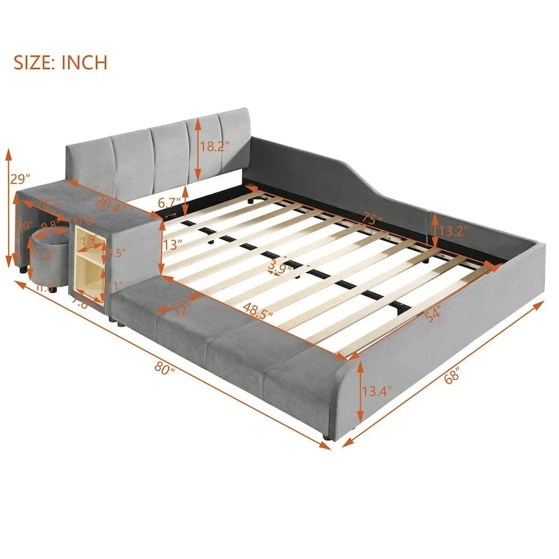 Upholstered Grounded Bed Mother & Child Bed with Bedside Desk and Little Round Stool