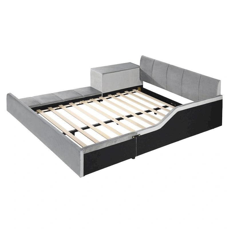 Upholstered Grounded Bed Mother & Child Bed with Bedside Desk and Little Round Stool