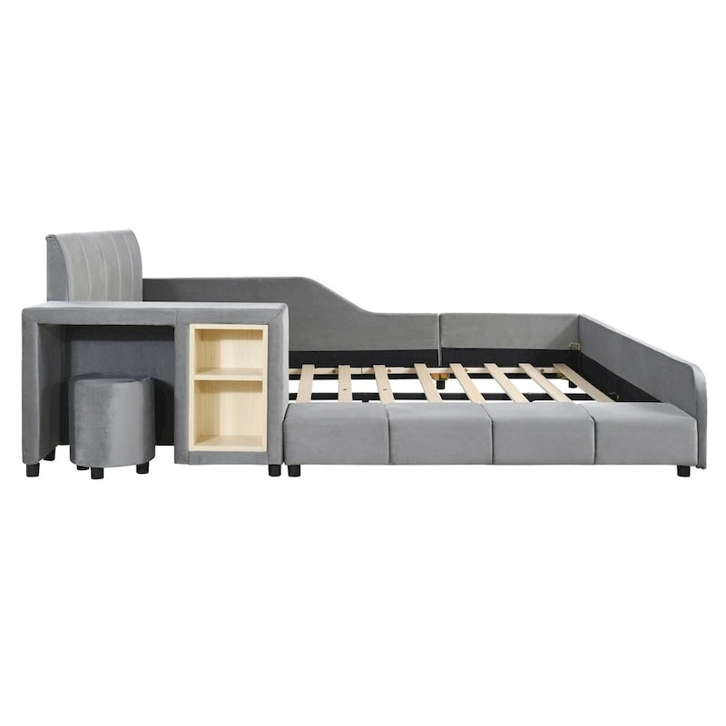 Upholstered Grounded Bed Mother & Child Bed with Bedside Desk and Little Round Stool