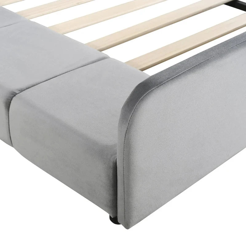 Upholstered Grounded Bed Mother & Child Bed with Bedside Desk and Little Round Stool