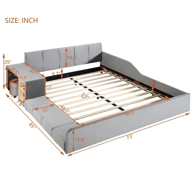Upholstered Grounded Bed Mother & Child Bed with Bedside Desk and Little Round Stool