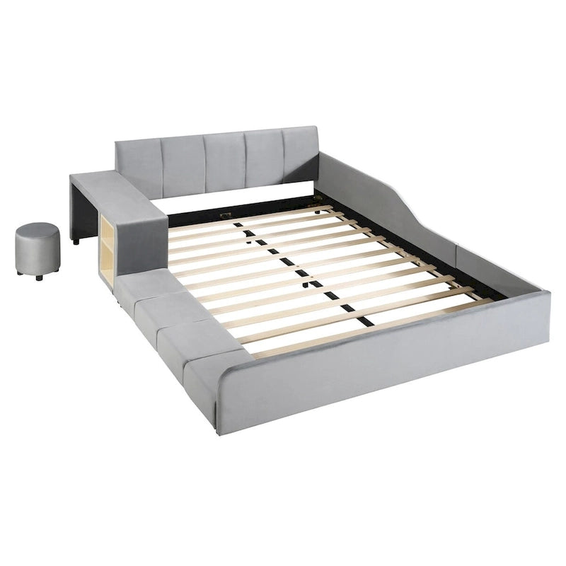 Upholstered Grounded Bed Mother & Child Bed with Bedside Desk and Little Round Stool