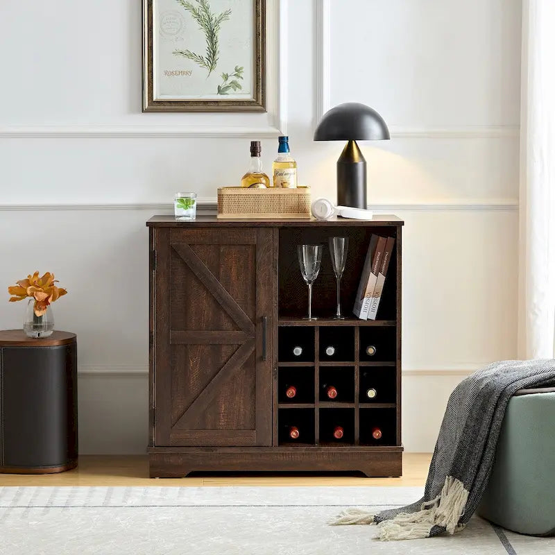 Farmhouse Coffee Bar Cabinet with Wine Rack Barn Door