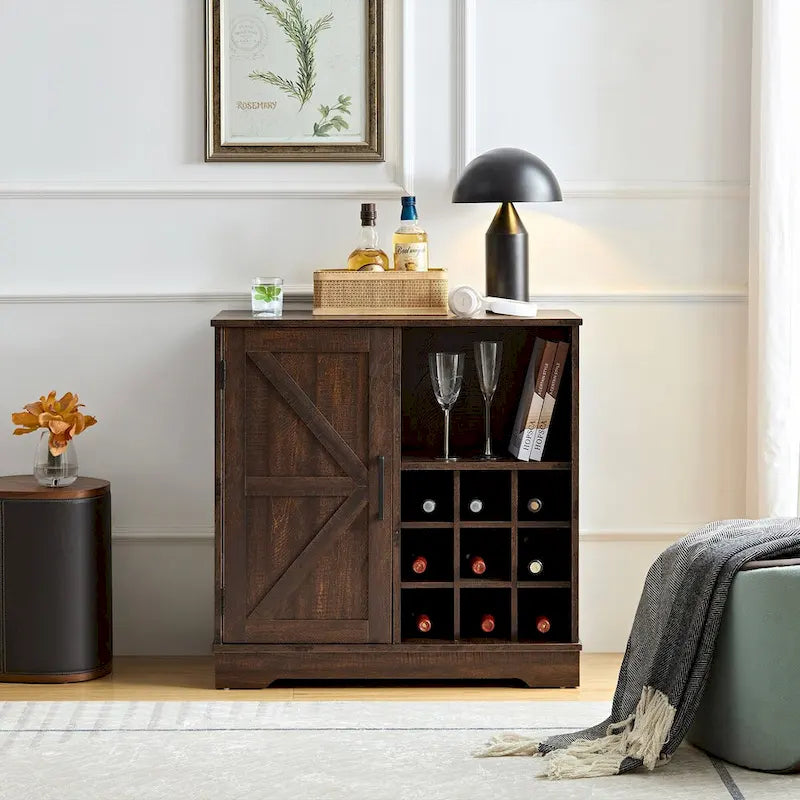 Farmhouse Coffee Bar Cabinet with Wine Rack Barn Door