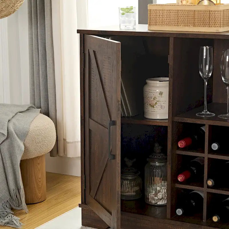 Farmhouse Coffee Bar Cabinet with Wine Rack Barn Door