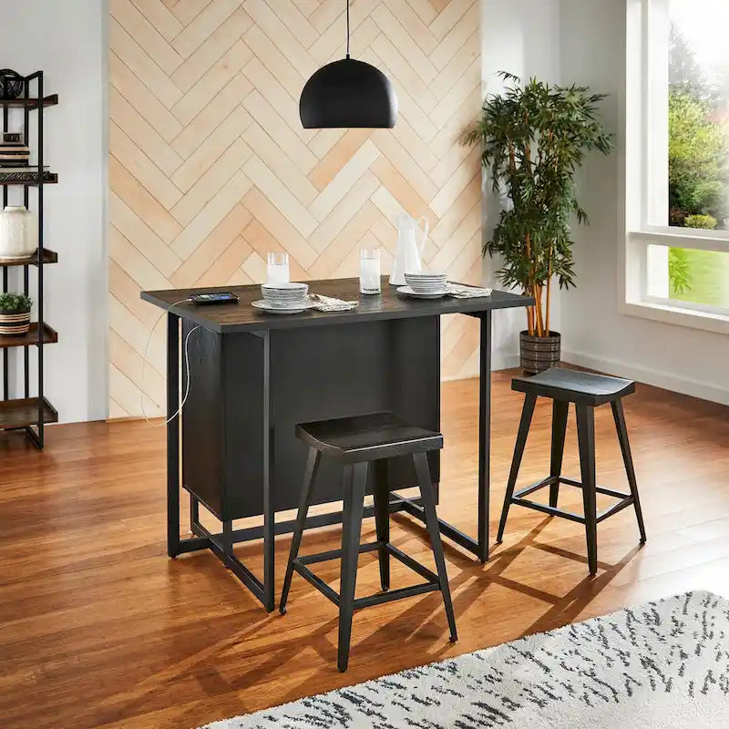 Oyala Black Finish 2-door Kitchen Island with Power and USB outlets and 2 Stools by iNSPIRE Q Modern