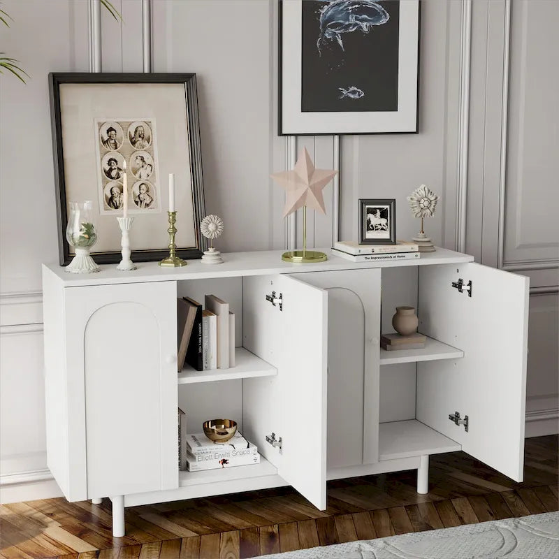 Stylish and Functional 4-Door Intaglio Storage Cabinet with Pine Legs