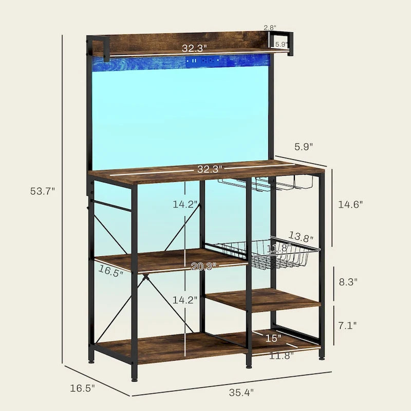 Industrial Baker's Rack with Power Outlet and LED Lights, Storage