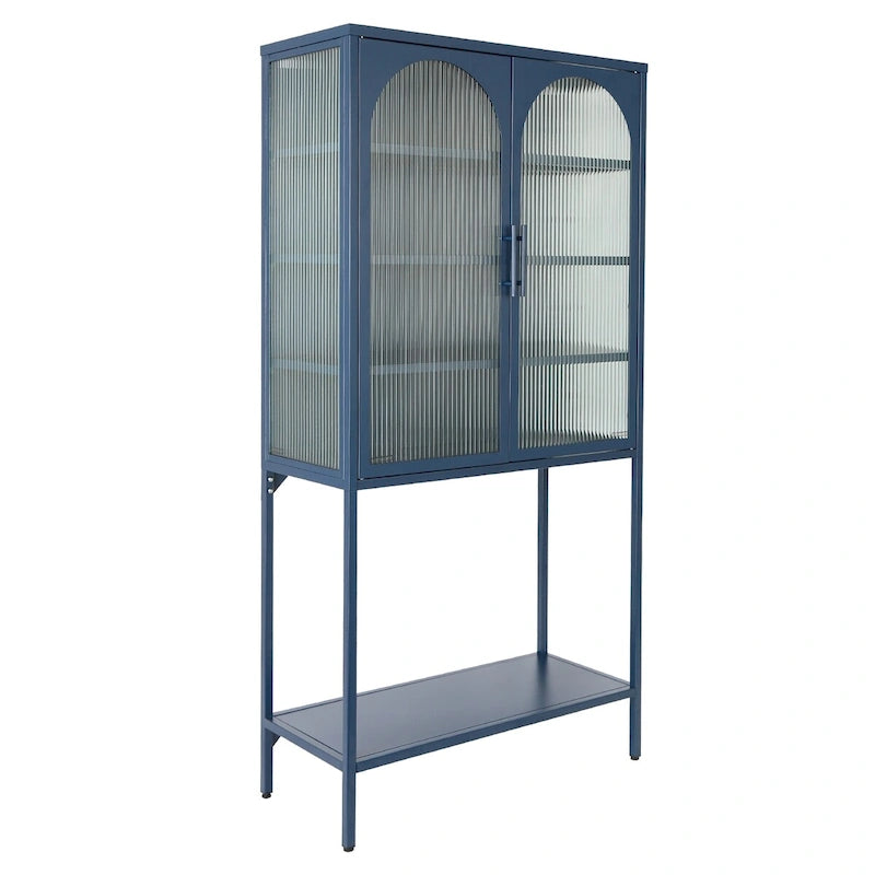 Elegant Floor Cabinet with 2 Glass Arched Doors Living Room Display Cabinet with Adjustable Shelves Anti-Tip Dust-free