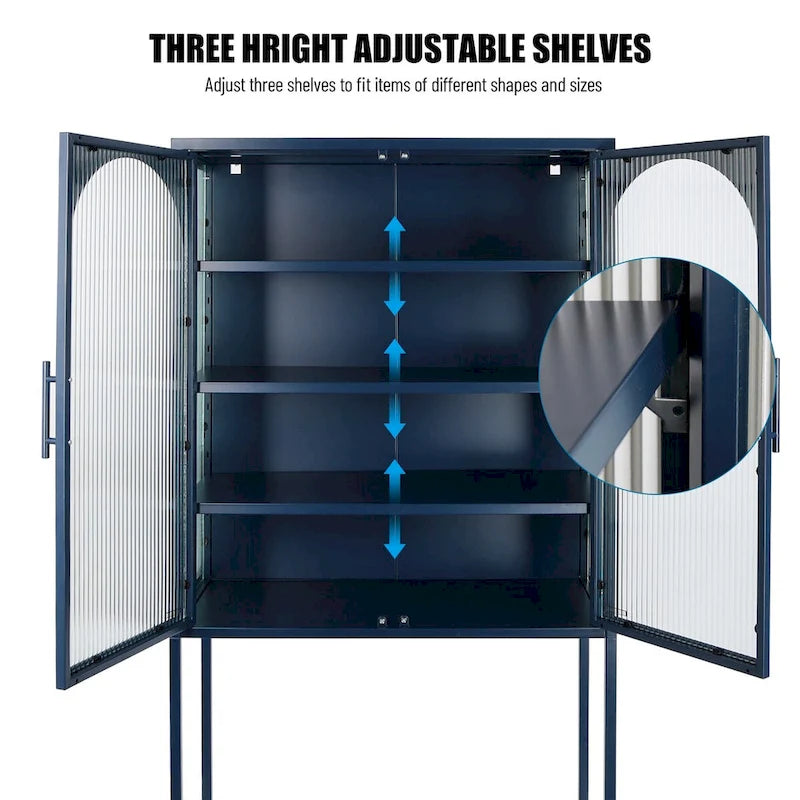 Elegant Floor Cabinet with 2 Glass Arched Doors Living Room Display Cabinet with Adjustable Shelves Anti-Tip Dust-free
