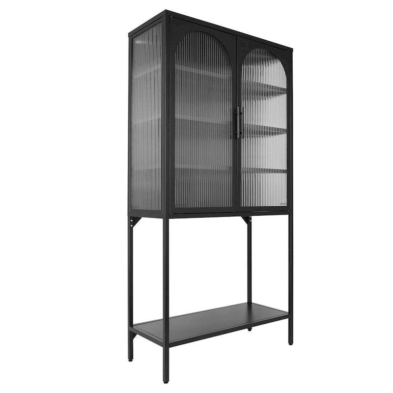 Elegant Floor Cabinet with 2 Glass Arched Doors Living Room Display Cabinet with Adjustable Shelves Anti-Tip Dust-free