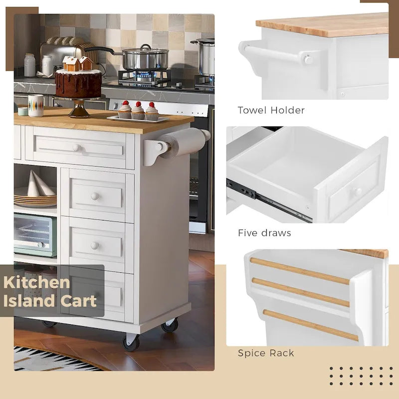 Desserte de cuisine avec rangement et 5 tiroirs, porte-épices