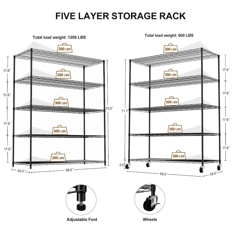 5 Tier Steel Heavy Duty Adjustable Shelves with Wheels and Feet