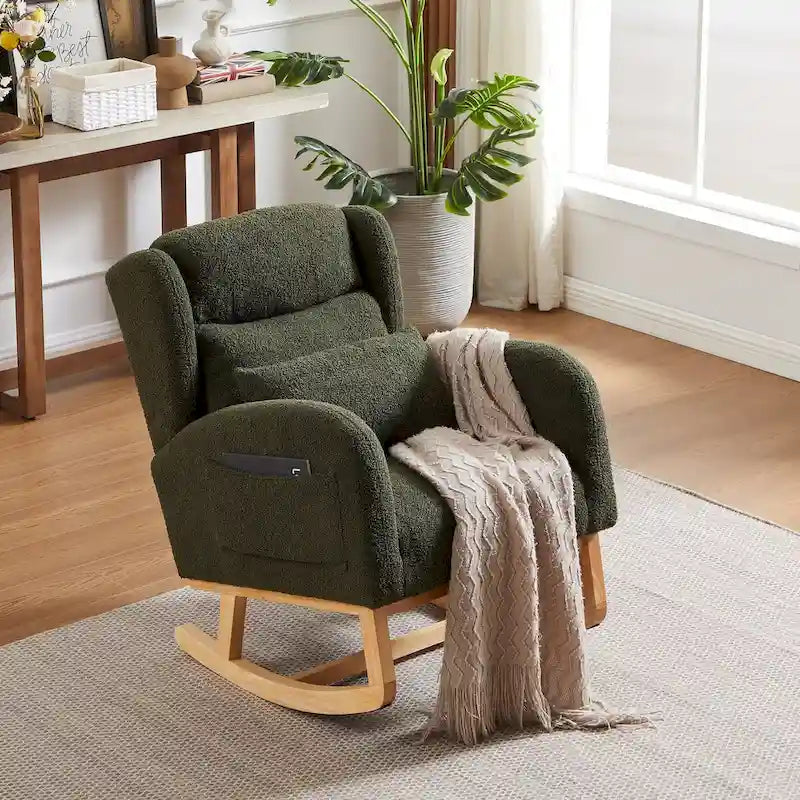 Modern Accent High Backrest Living Room Lounge Arm Rocking Chair, Two Side Pocket