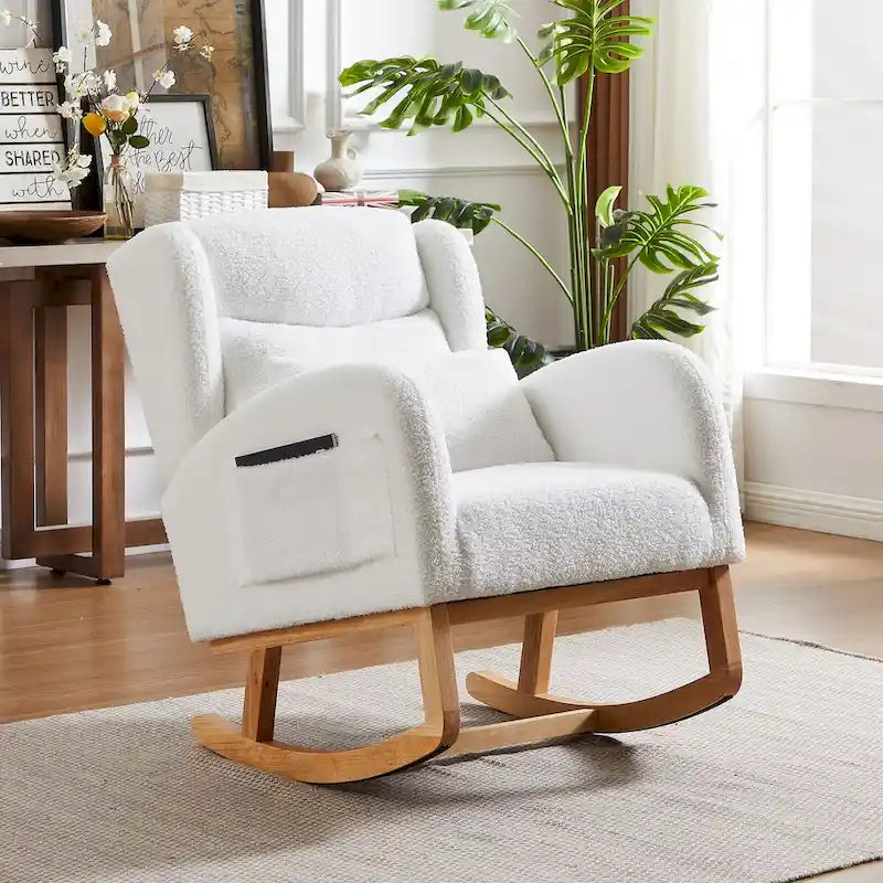 Modern Accent High Backrest Living Room Lounge Arm Rocking Chair, Two Side Pocket