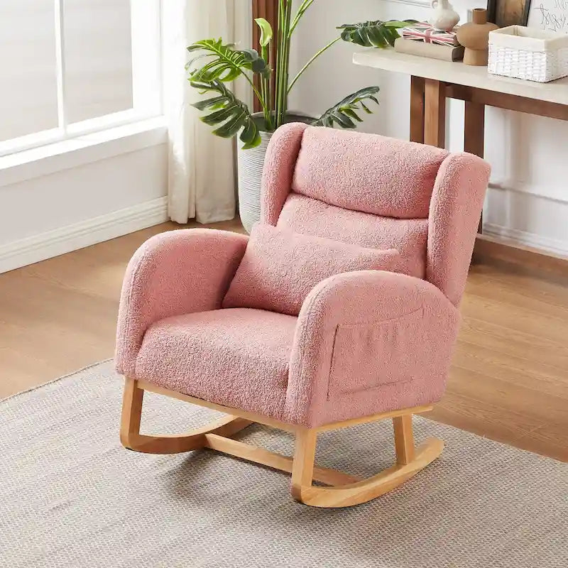 Modern Accent High Backrest Living Room Lounge Arm Rocking Chair, Two Side Pocket