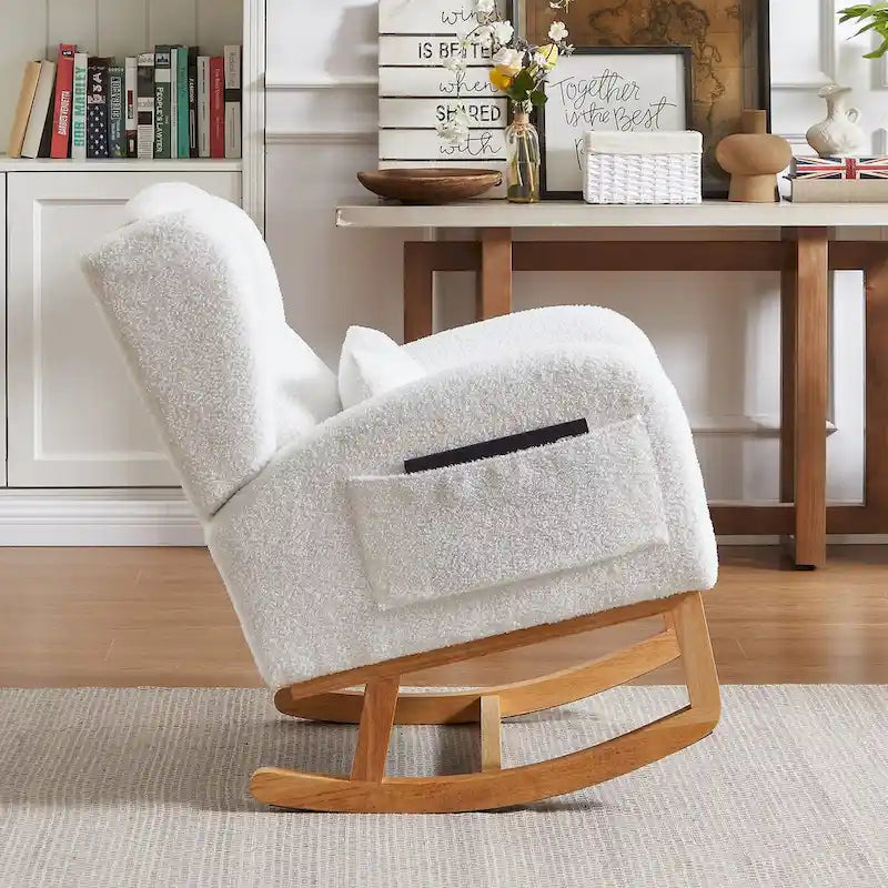 Modern Accent High Backrest Living Room Lounge Arm Rocking Chair, Two Side Pocket