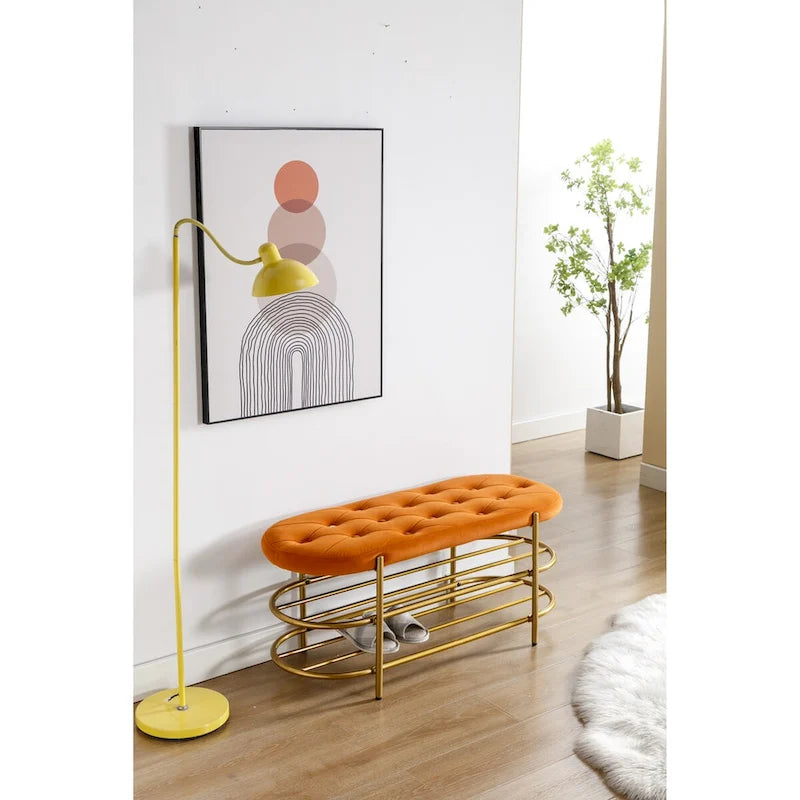 Velvet Home Storage Soft Bag Cushion Iron Art Shoe Changing Round Bench
