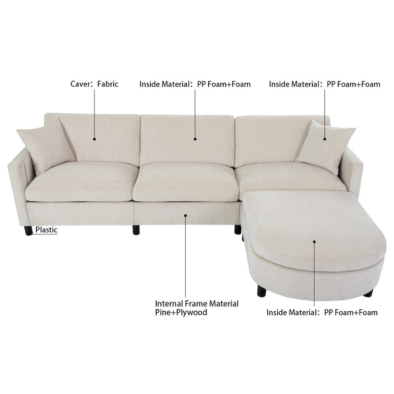 108 Modern Fabric Sectional Sofa with Ottoman and Pillows