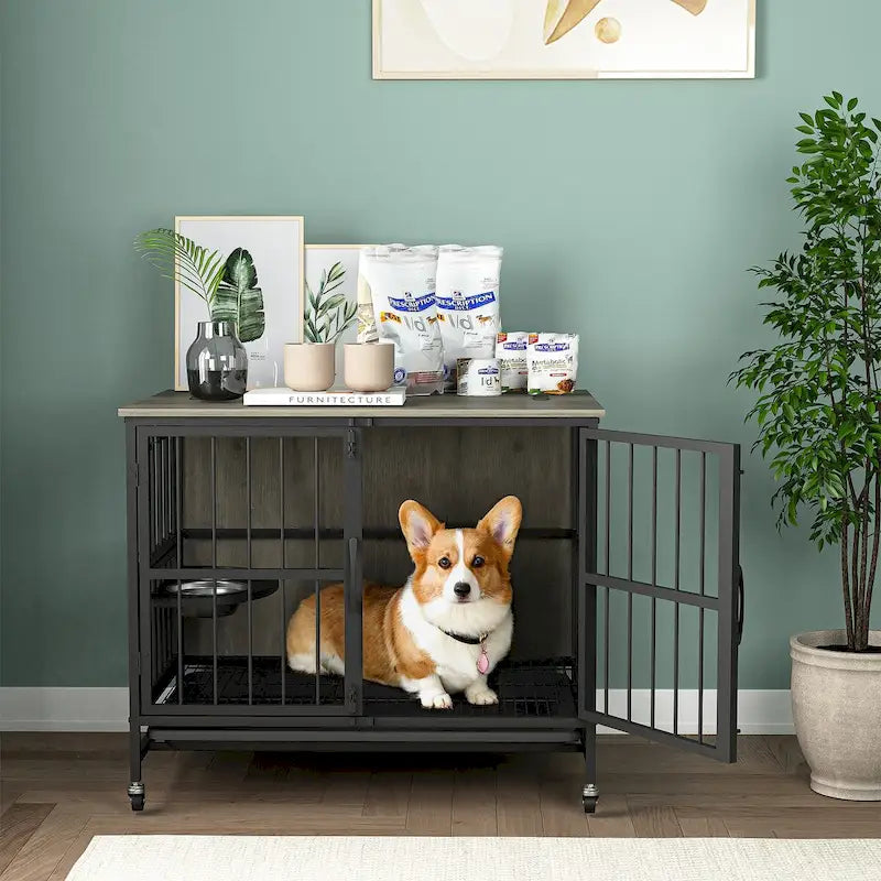 Dog crate furniture with Rremovable Ttray, Double-Door House, lift Panel, 360 Degree Rotation 3 Height Adjustable Feeding Bowls