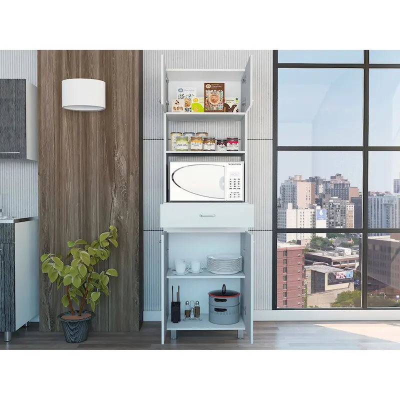 Caribe Microwave Cabinet, Four Legs, One Drawer, Double Door, One Shelf -White