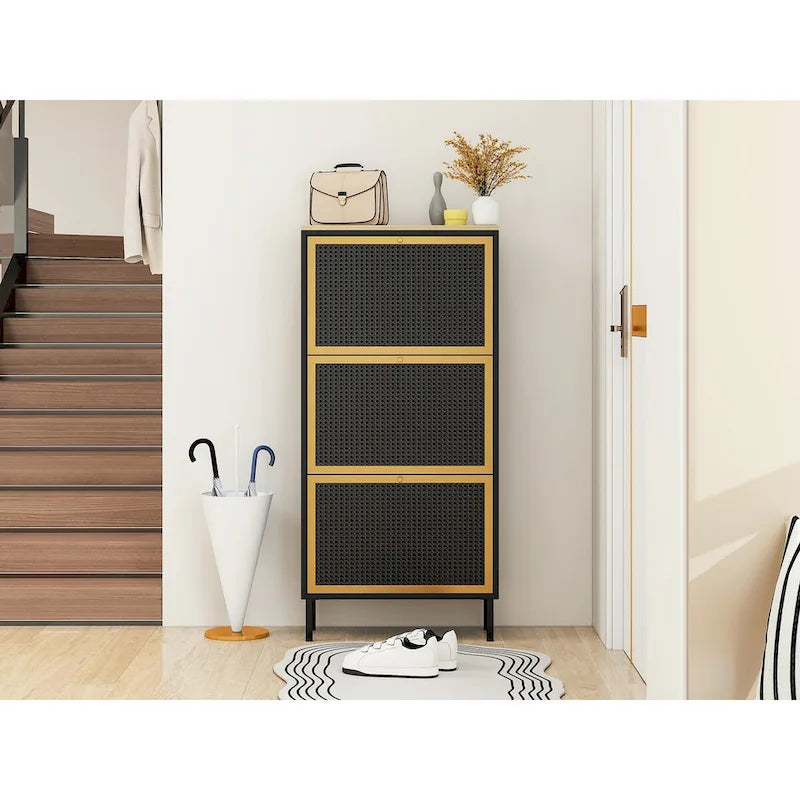 3 Metal Door Shoe Rack, Freestanding Modern Shoe Storage Cabinet, Metal rattan, for Entryway