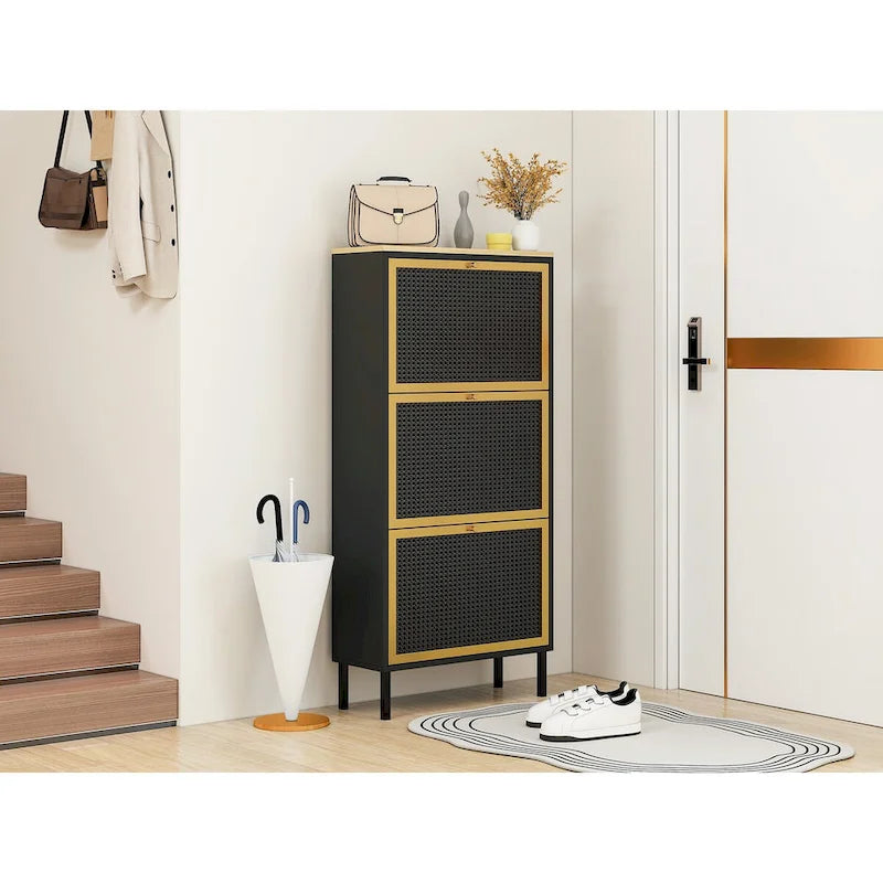 3 Metal Door Shoe Rack, Freestanding Modern Shoe Storage Cabinet, Metal rattan, for Entryway