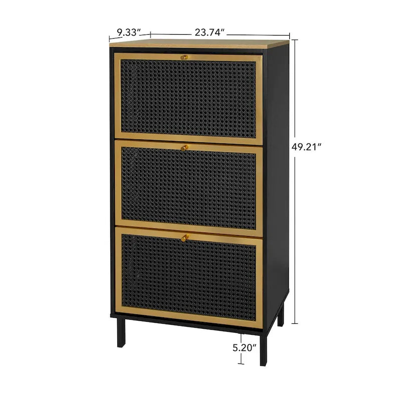 3 Metal Door Shoe Rack, Freestanding Modern Shoe Storage Cabinet, Metal rattan, for Entryway