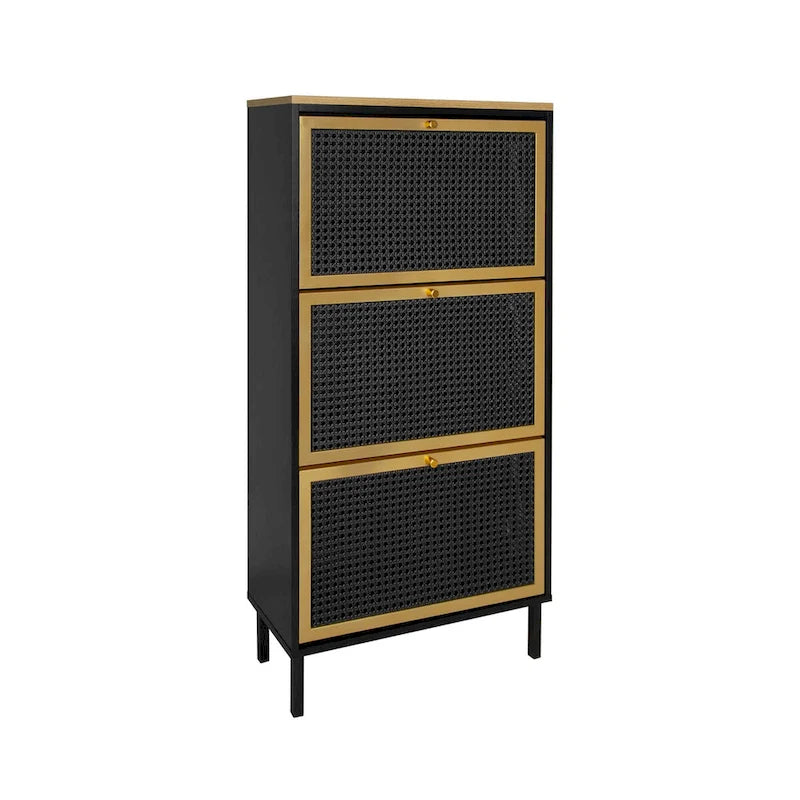 3 Metal Door Shoe Rack, Freestanding Modern Shoe Storage Cabinet, Metal rattan, for Entryway