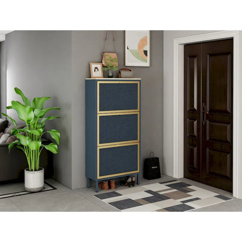 3 Metal Door Shoe Rack, Freestanding Modern Shoe Storage Cabinet, Metal rattan, for Entryway