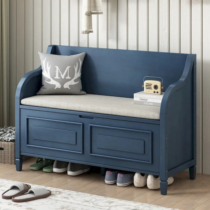 Rustic Style Solid wood Entryway Multifunctional Storage Bench with Safety Hinge
