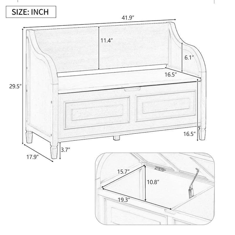 Rustic Style Solid wood Entryway Multifunctional Storage Bench with Safety Hinge