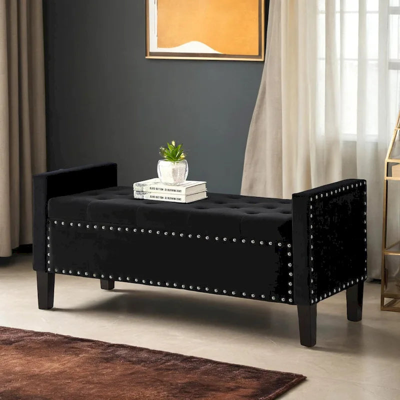 Button Tufted Storage Bench with Storage,Upholstered Storage Ottoman Bench with Nails Trim,End of Bed Stool