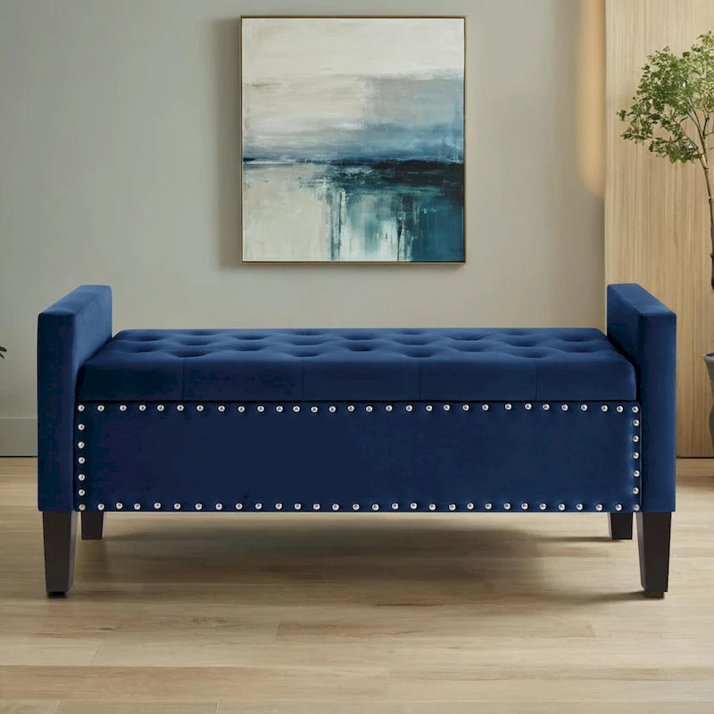 Button Tufted Storage Bench with Storage,Upholstered Storage Ottoman Bench with Nails Trim,End of Bed Stool