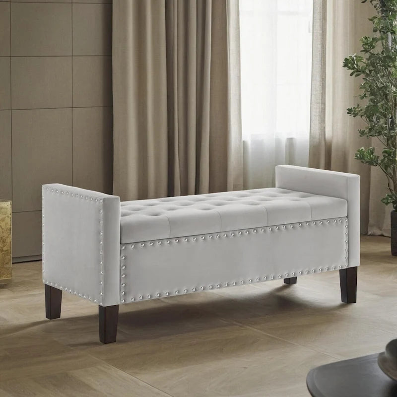 Button Tufted Storage Bench with Storage,Upholstered Storage Ottoman Bench with Nails Trim,End of Bed Stool