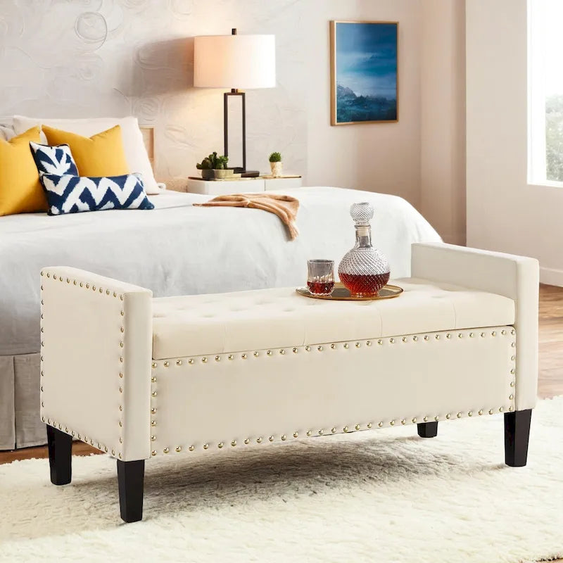 Button Tufted Storage Bench with Storage,Upholstered Storage Ottoman Bench with Nails Trim,End of Bed Stool