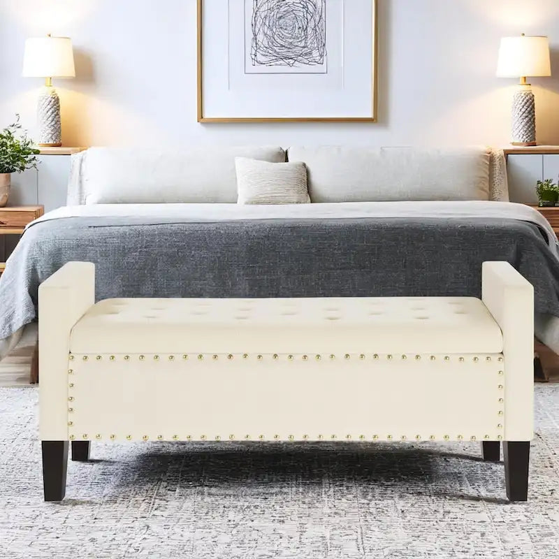 Button Tufted Storage Bench with Storage,Upholstered Storage Ottoman Bench with Nails Trim,End of Bed Stool