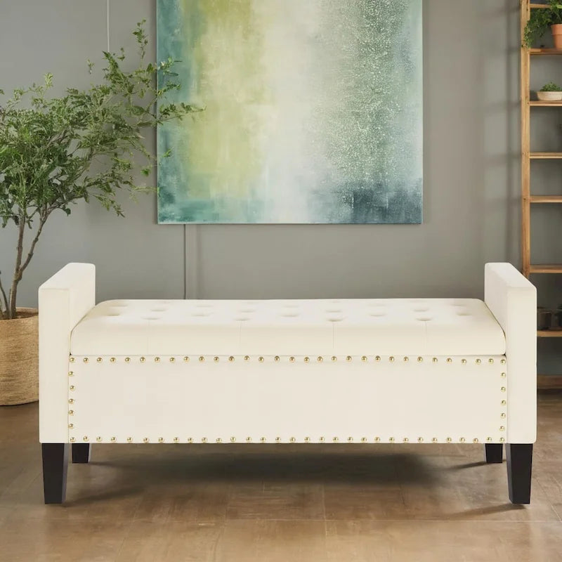 Button Tufted Storage Bench with Storage,Upholstered Storage Ottoman Bench with Nails Trim,End of Bed Stool