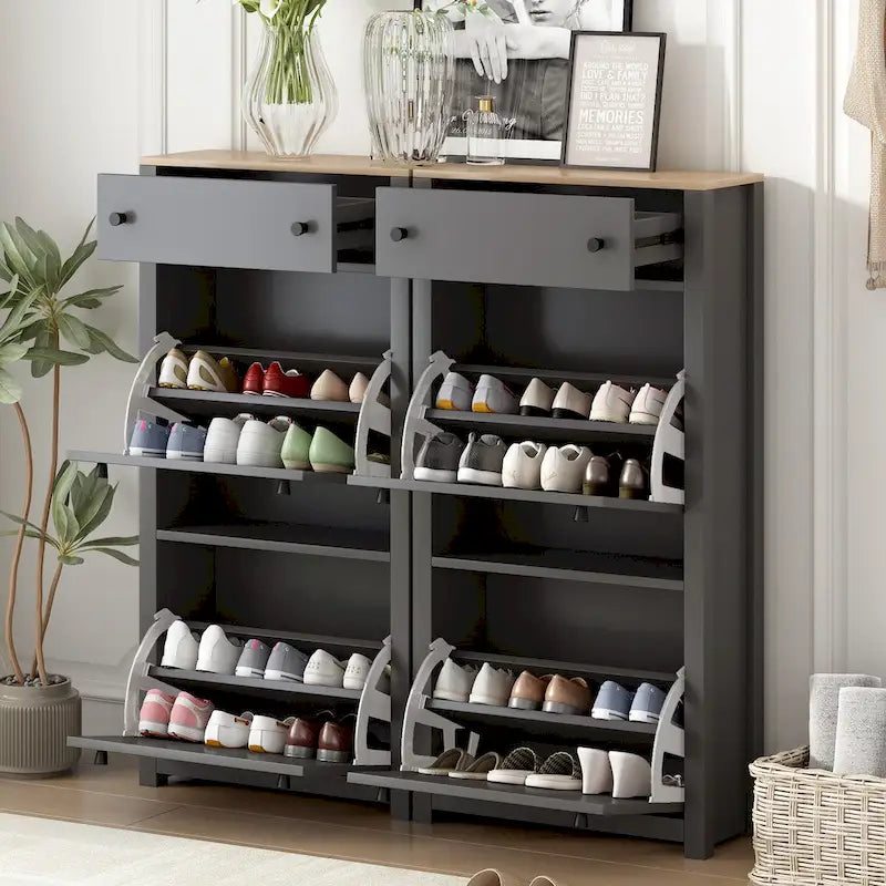 Slim Shoe Cabinet Set with 4 Flip Drawers,Wood Grain Pattern Top Shoe with Adjustable Panel,Shoe Rack with Drawers for Hallway
