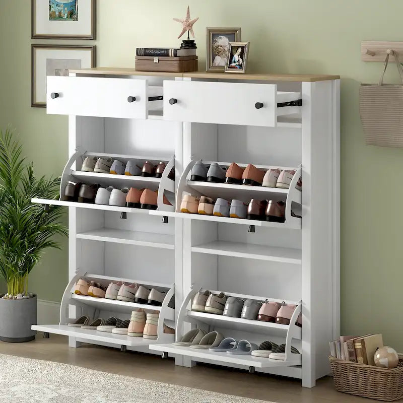 Slim Shoe Cabinet Set with 4 Flip Drawers,Wood Grain Pattern Top Shoe with Adjustable Panel,Shoe Rack with Drawers for Hallway