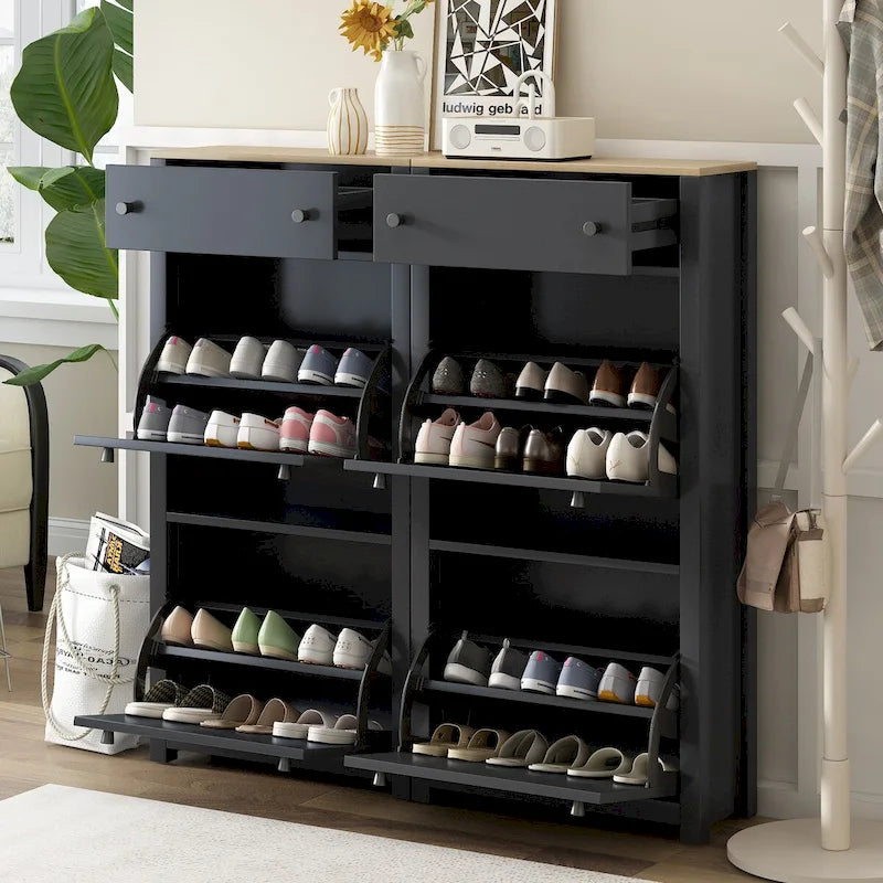 Slim Shoe Cabinet Set with 4 Flip Drawers,Wood Grain Pattern Top Shoe with Adjustable Panel,Shoe Rack with Drawers for Hallway