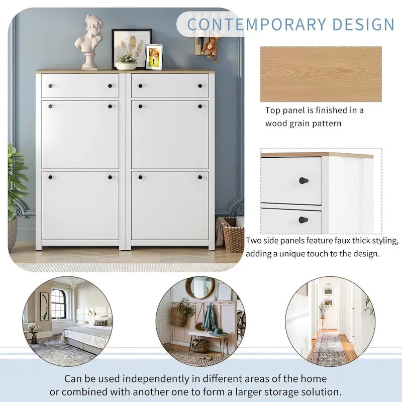 Slim Shoe Cabinet Set with 4 Flip Drawers,Wood Grain Pattern Top Shoe with Adjustable Panel,Shoe Rack with Drawers for Hallway