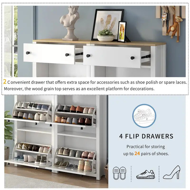 Slim Shoe Cabinet Set with 4 Flip Drawers,Wood Grain Pattern Top Shoe with Adjustable Panel,Shoe Rack with Drawers for Hallway