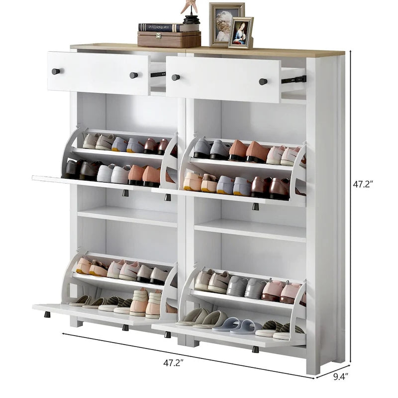 Slim Shoe Cabinet Set with 4 Flip Drawers,Wood Grain Pattern Top Shoe with Adjustable Panel,Shoe Rack with Drawers for Hallway
