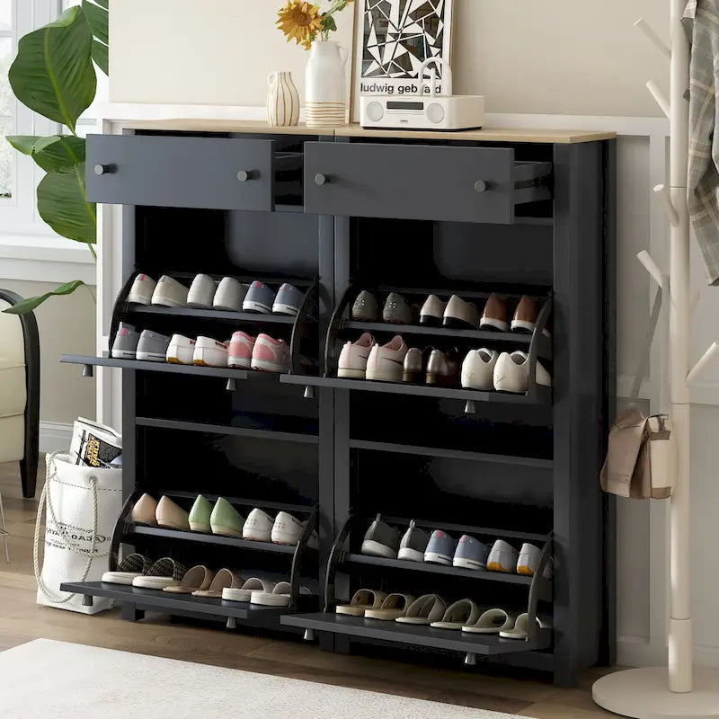 Slim Shoe Cabinet Set with 4 Flip Drawers,Wood Grain Pattern Top Shoe with Adjustable Panel,Shoe Rack with Drawers for Hallway